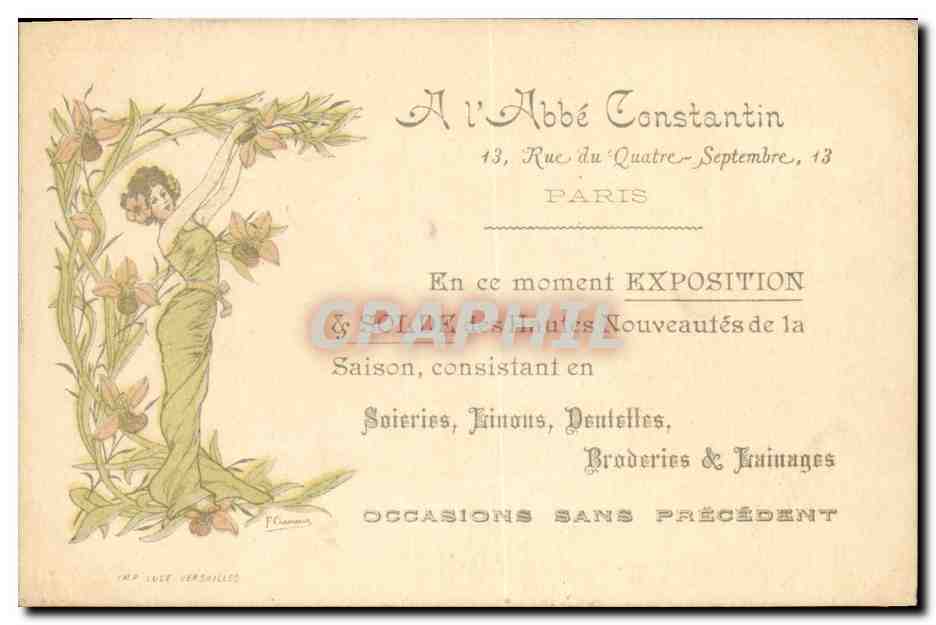 Exposition de soieries, dentelles et lainages — l'Abbé Constantin, 13 Rue du Quatre-Septembre, Paris — Imp. Luce Versailles