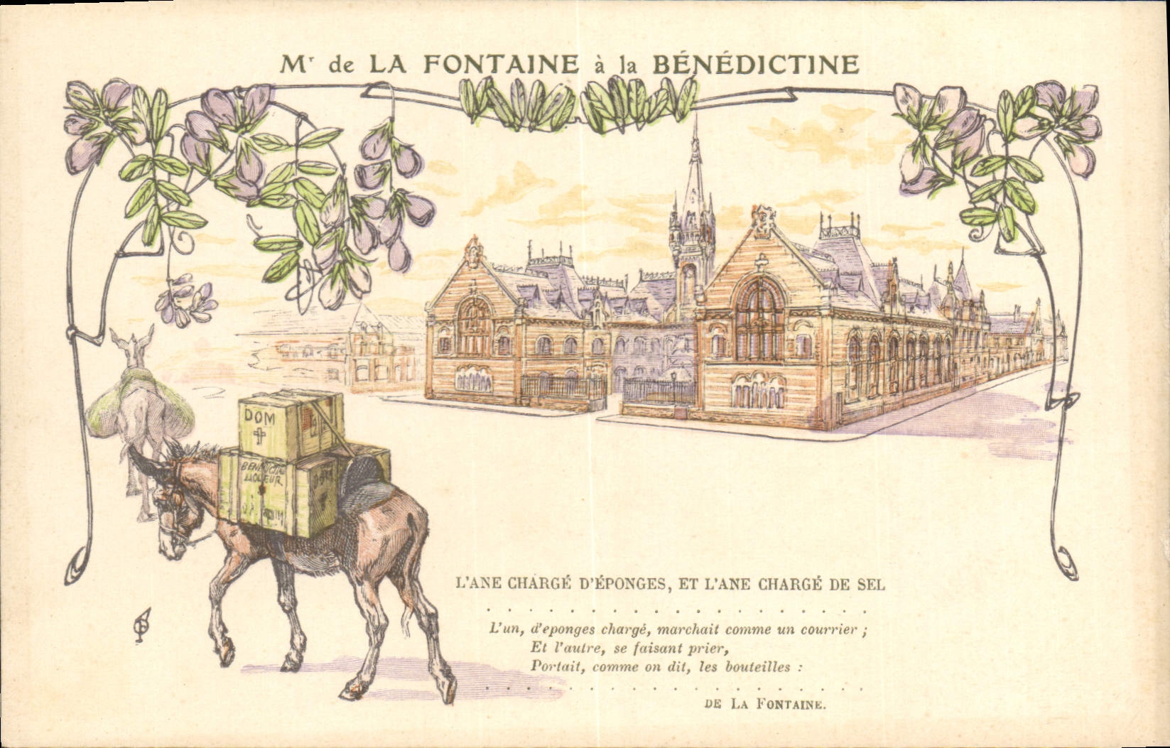CPA Publicite La Fontaine a la Benedictine L'ane charge d'eponges et l'ane charge de sel