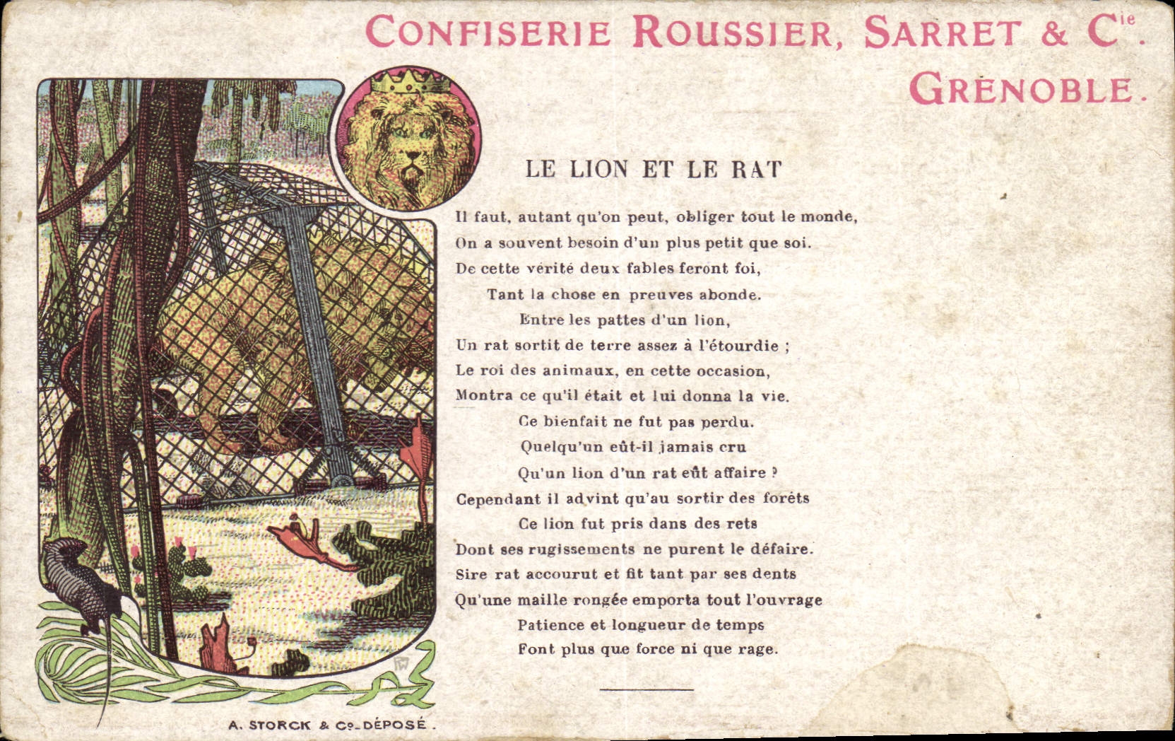 CPA Publicite Confiserie Roussier Sarret & Cie Grenoble Le lion et le rat