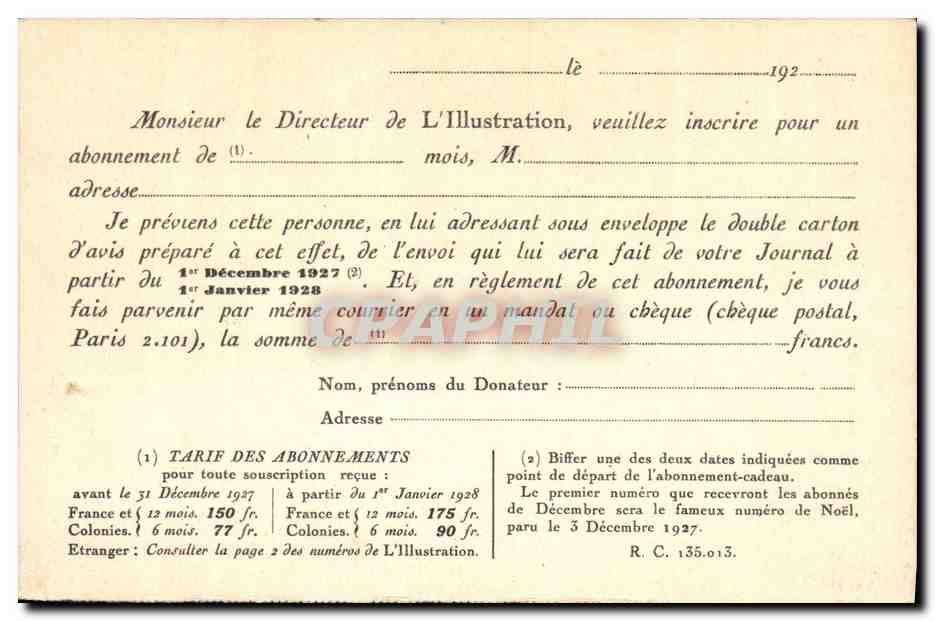 Carte postale publicitaire — Abonnement L'Illustration — Éditeur L'Illustration, Paris — Verso