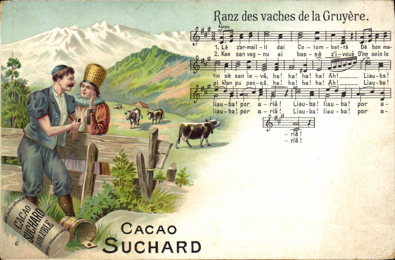 CPA Publicite Cacao Suchard Ranz des vaches de la Gruyere Vache