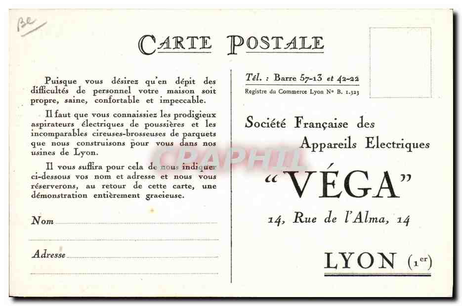 Société Française des Appareils Électriques Véga — Développement de la production 1920-1924 — Éditeur Véga, Lyon — Verso