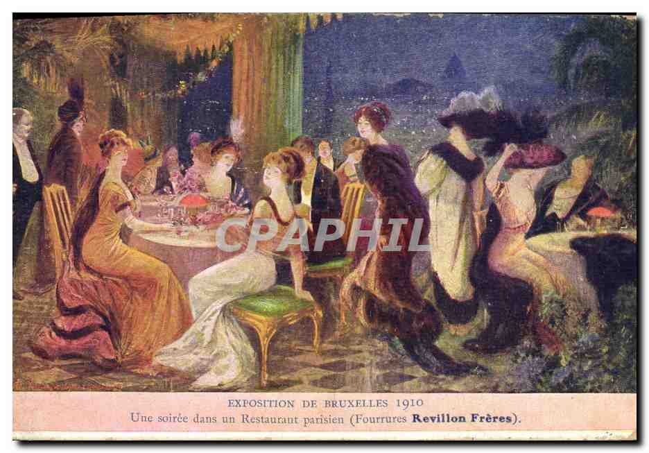 CPA Publicite Exposition de Bruxelles 1910 Une soiree dans le restaurant parisien Fourrures Revillon Freres