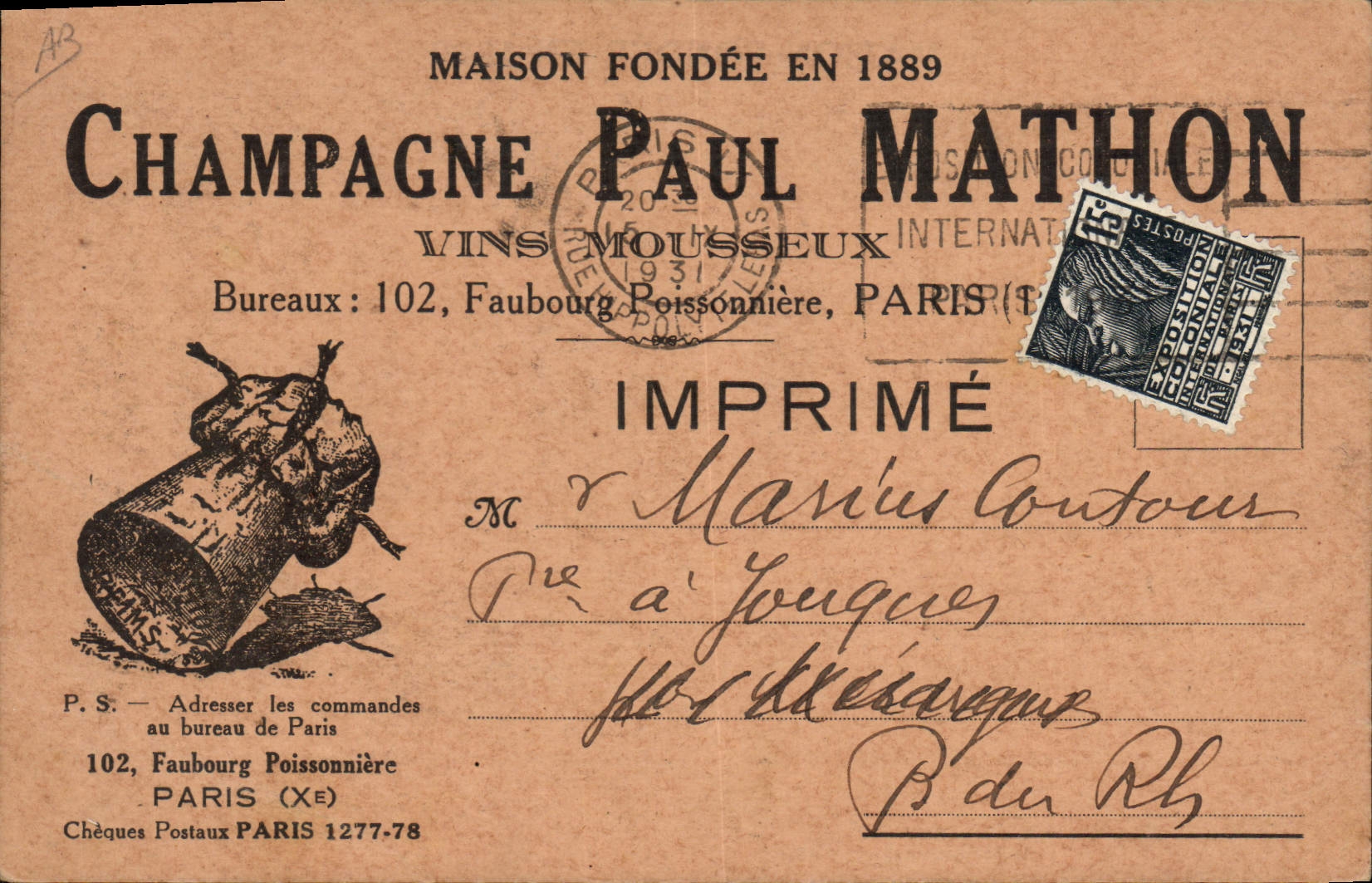CPA Publicite Champagne Paul Mathon Vins mousseux Faubourg Poissonniere Paris