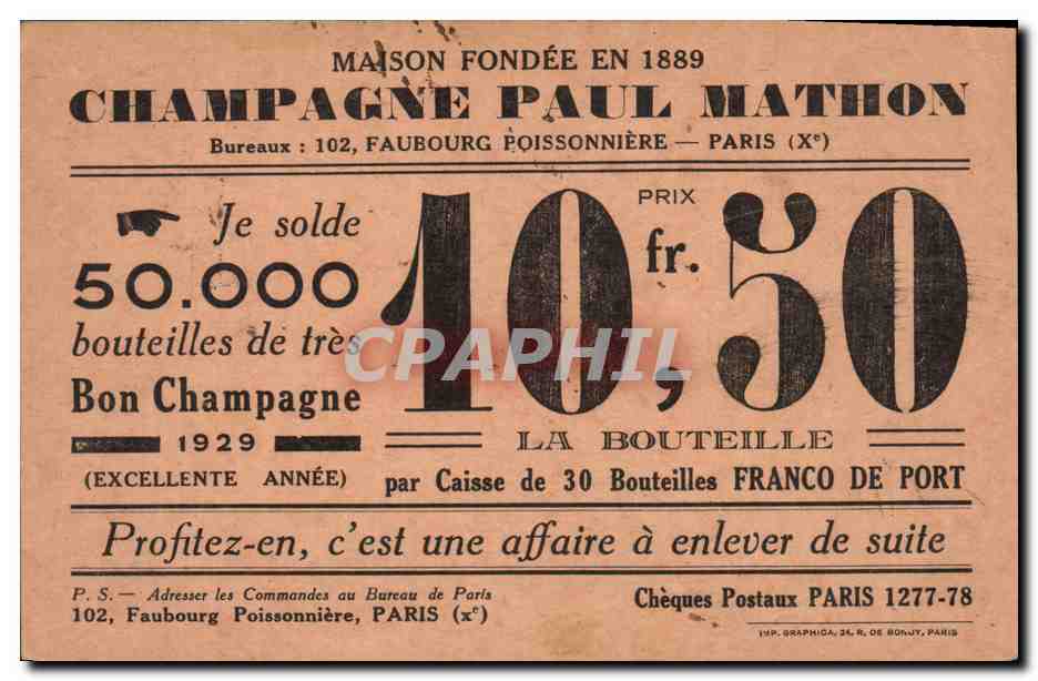 CPA Publicite Champagne Paul Mathon Vins mousseux Faubourg Poissonniere Paris — Rückseite