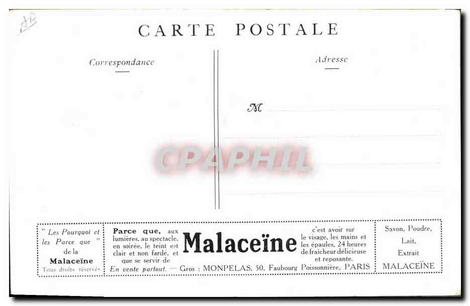 CPA Publicite Propos de premiere Malaceine — Verso