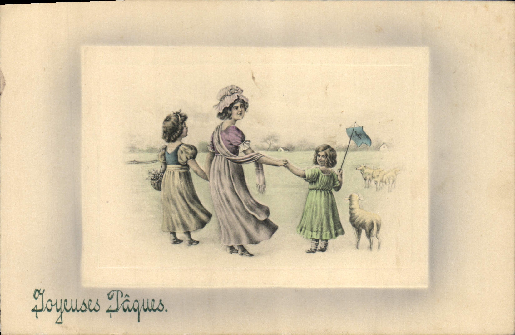 Famille en paysage pastoral — Joyeuses Pâques — éditeur non visible