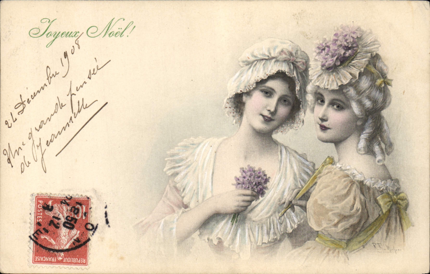 Deux jeunes femmes en tenue de bal — Noël — éditeur R.R. M. (signé) — n° de série non visible
