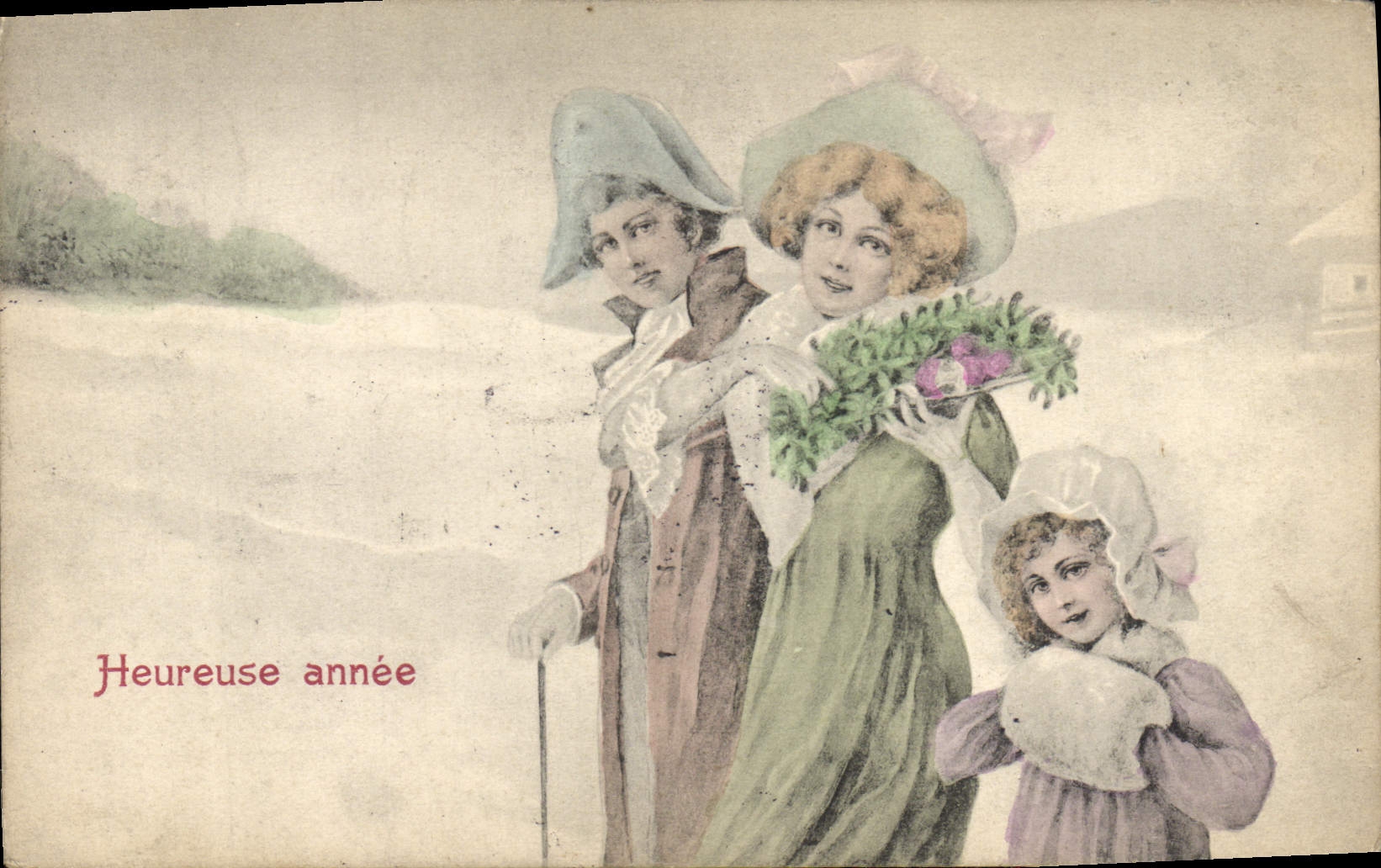 Famille en tenue d'hiver — Heureuse année — éditeur non identifié, n° de série non visible