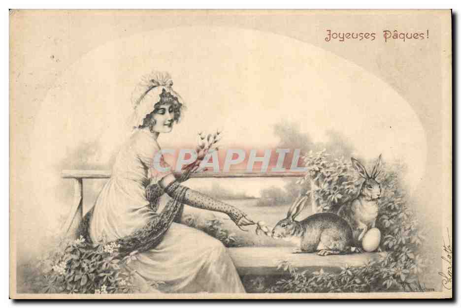 CPA Fantaisie Femme Paques Lapin