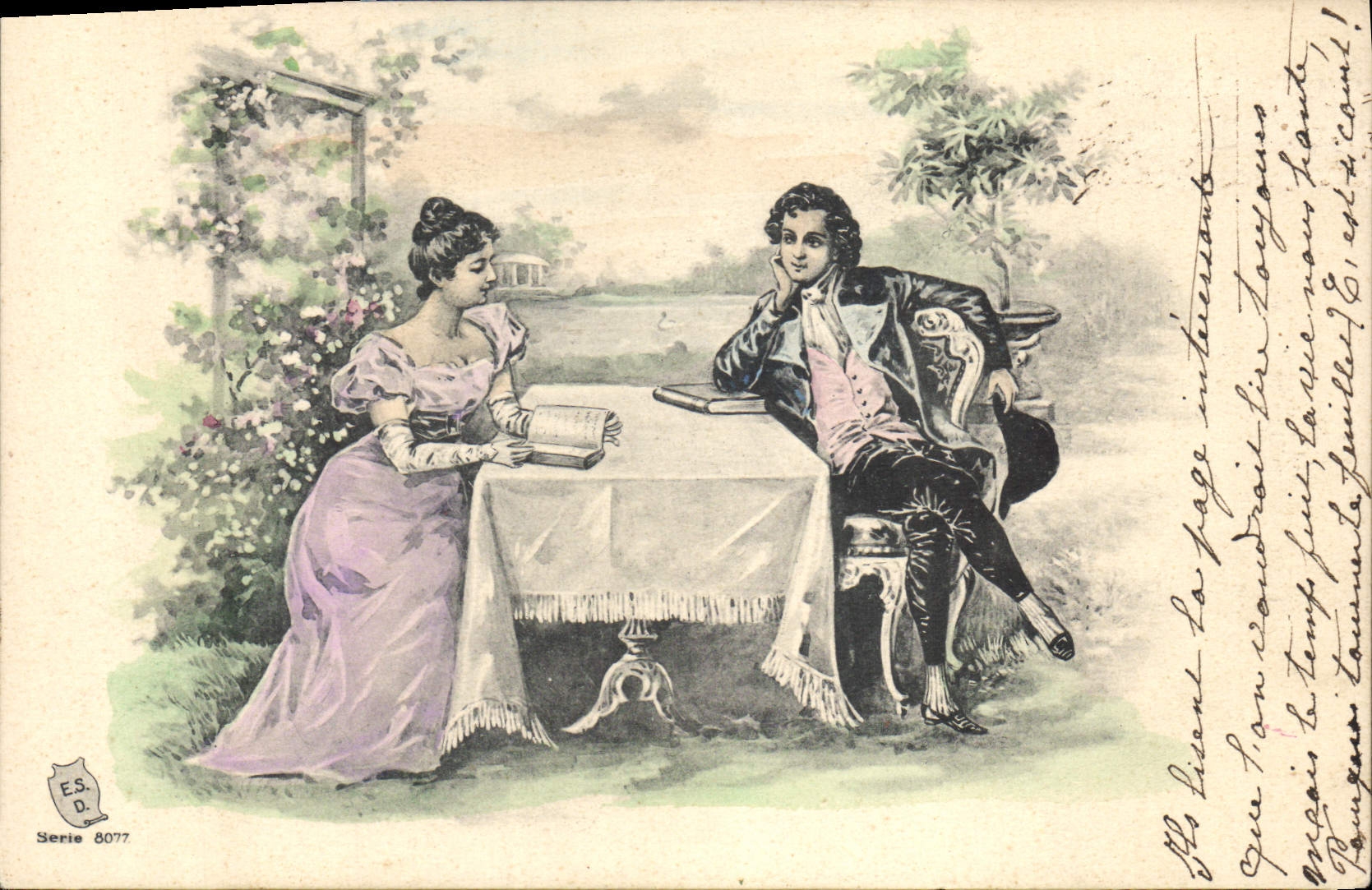 Deux personnes lisant ensemble — scène de jardin — E.S.D. série 8077