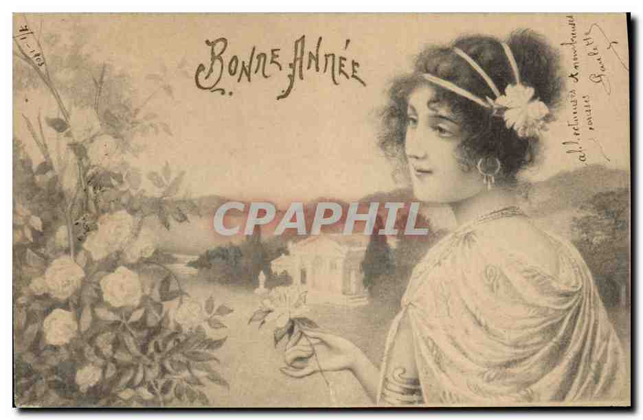 Femme en robe drapée tenant une rose — Bonne Année — éditeur anonyme