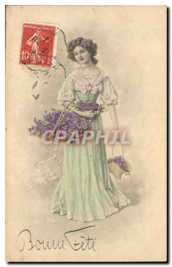 Femme en robe verte tenant des lilas — Bonne Fête — timbre 10c République Française