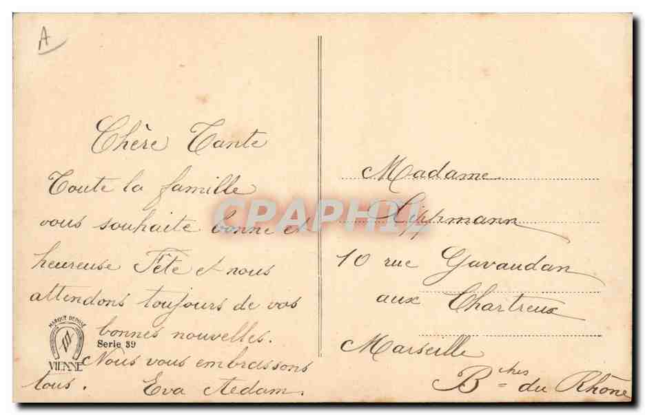 Femme en robe verte tenant des lilas — Bonne Fête — timbre 10c République Française — Verso