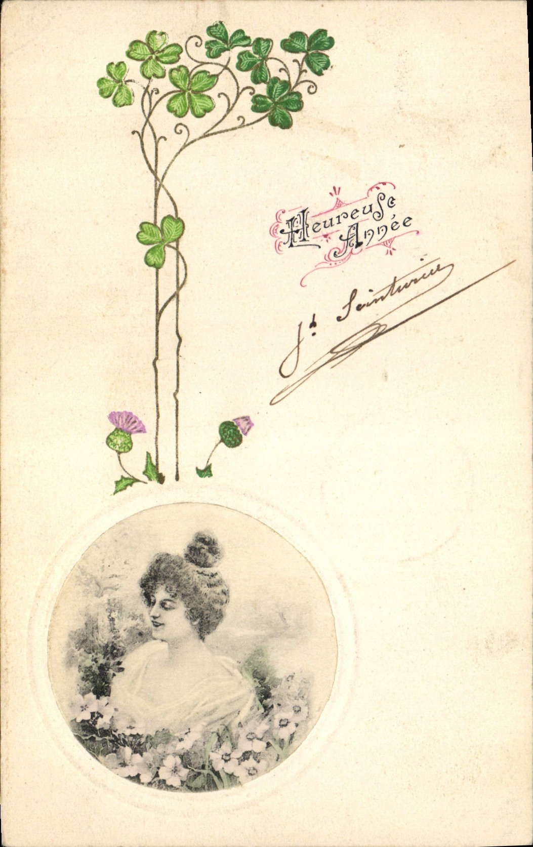 Femme dans un cadre floral — 'Heureuse Année' — J. Sainturice