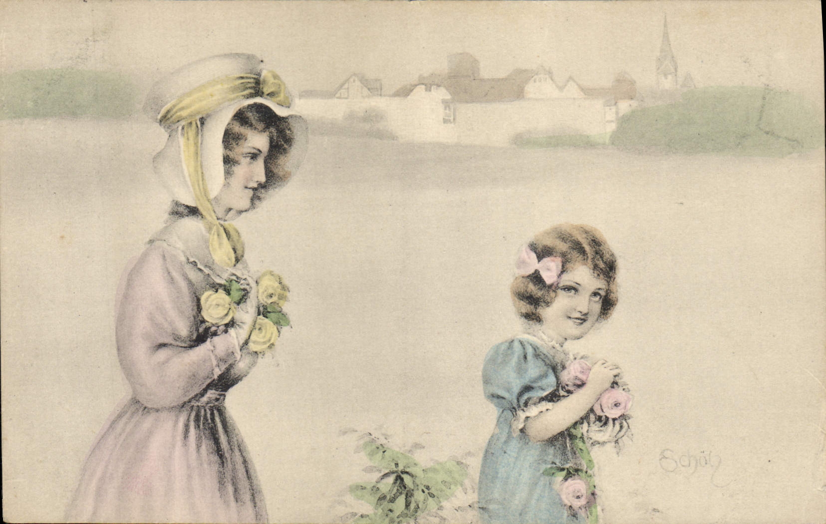 Deux jeunes filles avec des roses — Éditeur Schöll — N° III
