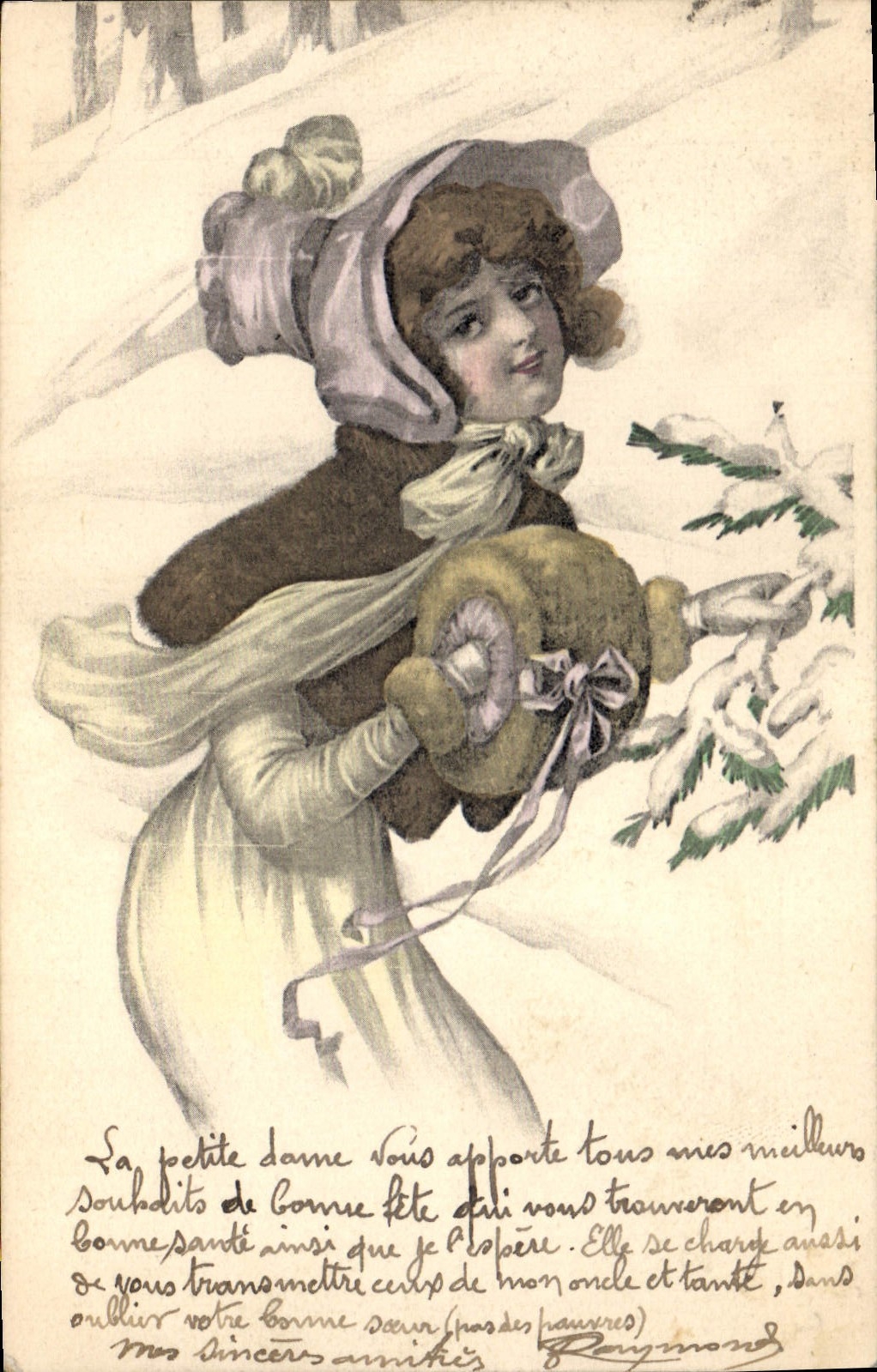Jeune femme en hiver — carte de vœux — éditeur inconnu, n° de série non visible