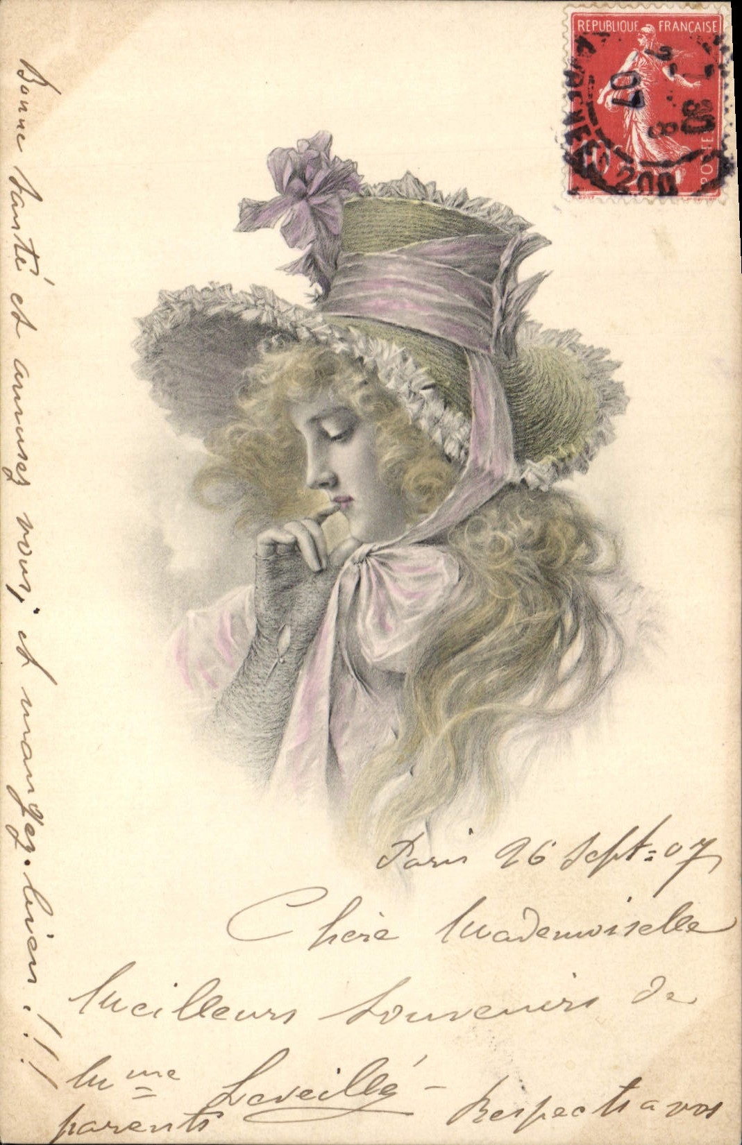Jeune femme en chapeau à fleurs — illustration — M. M. Vienne, Nr. 100