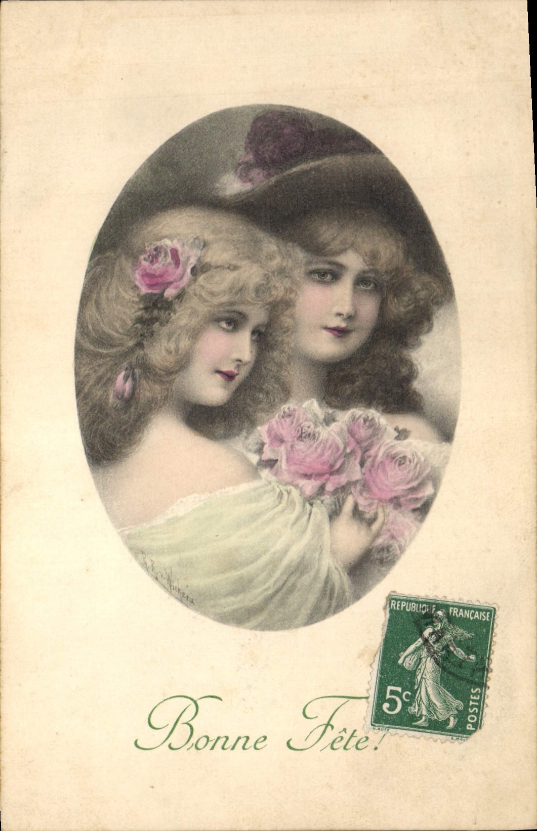 Deux jeunes femmes avec roses — Bonne Fête — éditeur M. Munk, n° 2240