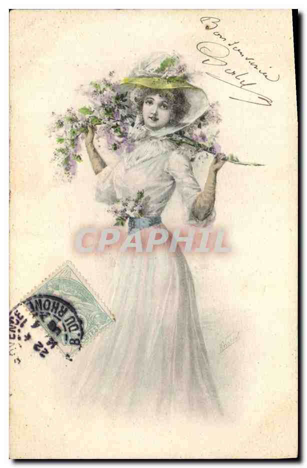 Femme en robe blanche tenant des fleurs de lilas — éditeur A.S. Série a — Berlin