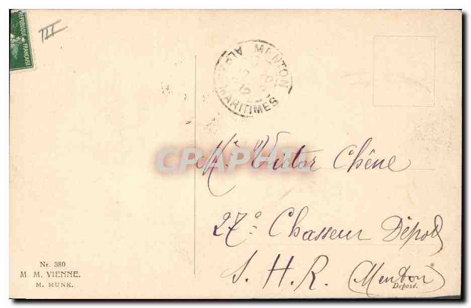 Jeune femme en chapeau à rubans — éditeur M. Munk, n° 380 — Verso
