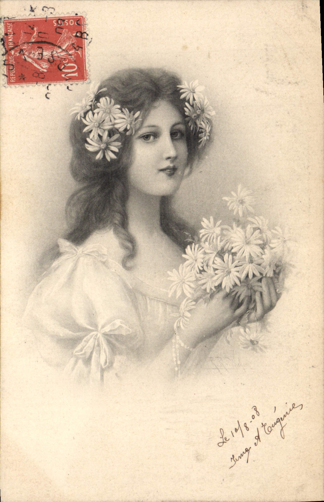 Jeune femme avec couronne et bouquet de marguerites — M. M. VIFNNE, Nr. 322