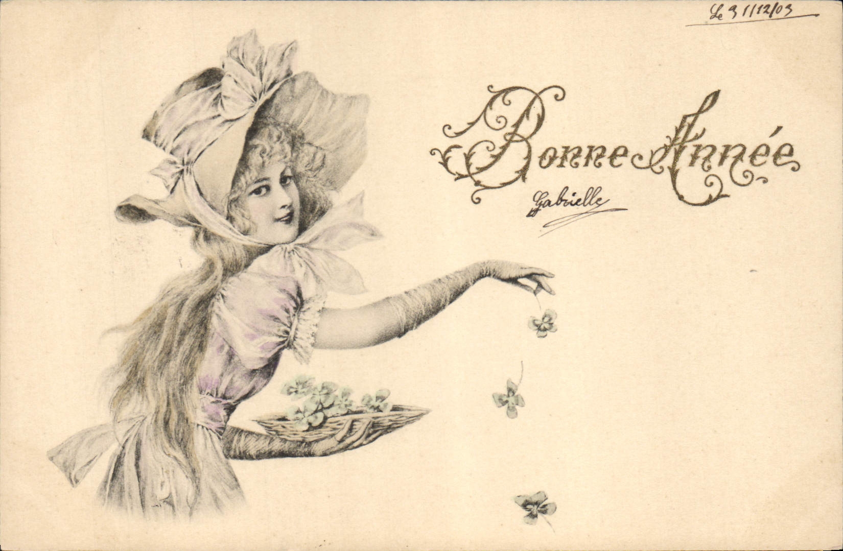 Jeune femme en chapeau à fleurs — Bonne Année Gabrielle — éditeur non visible
