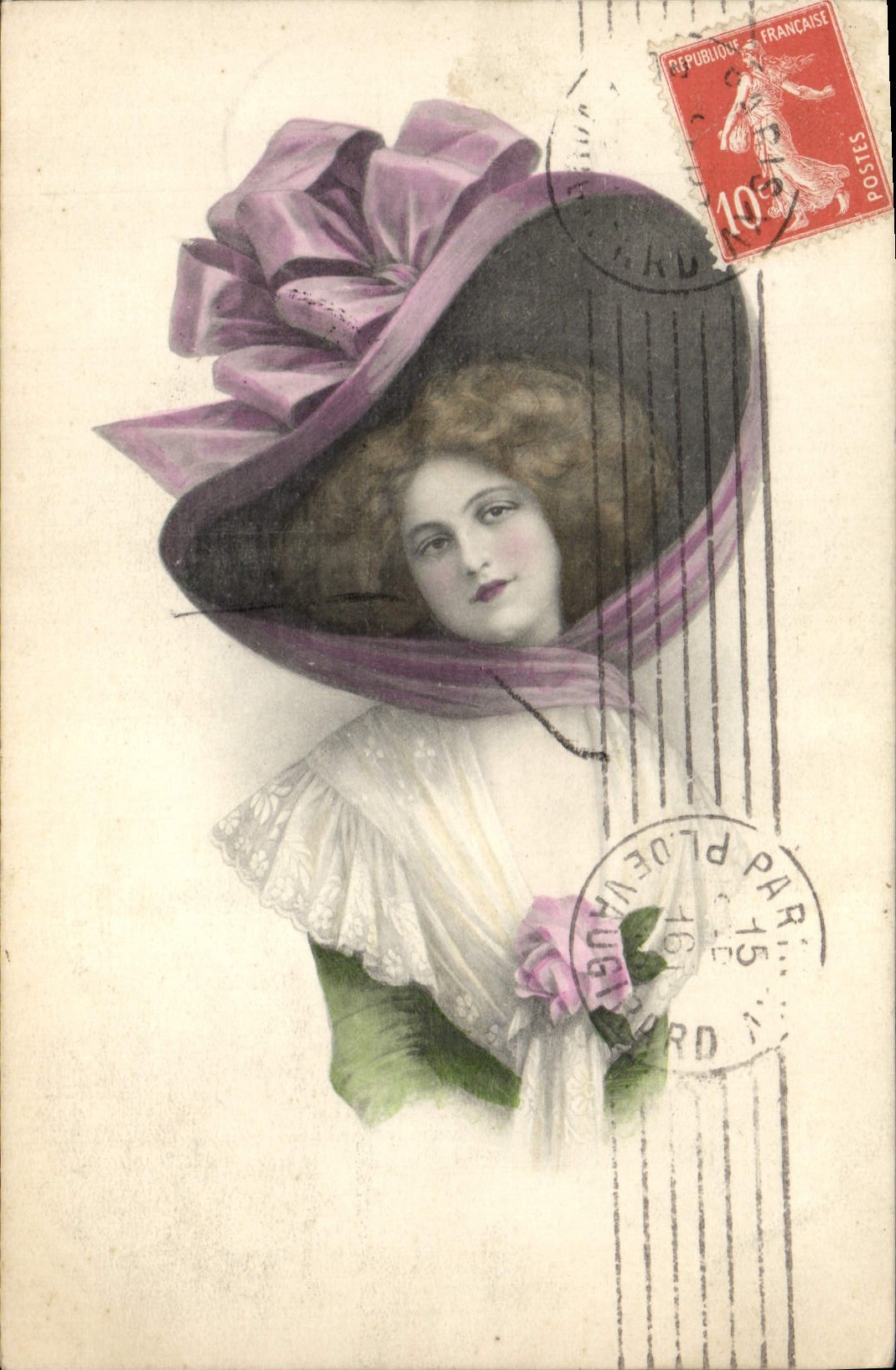 Jeune femme en chapeau violet — éditeur H. Christ, Vienne, N° 169 — timbre 10c rouge