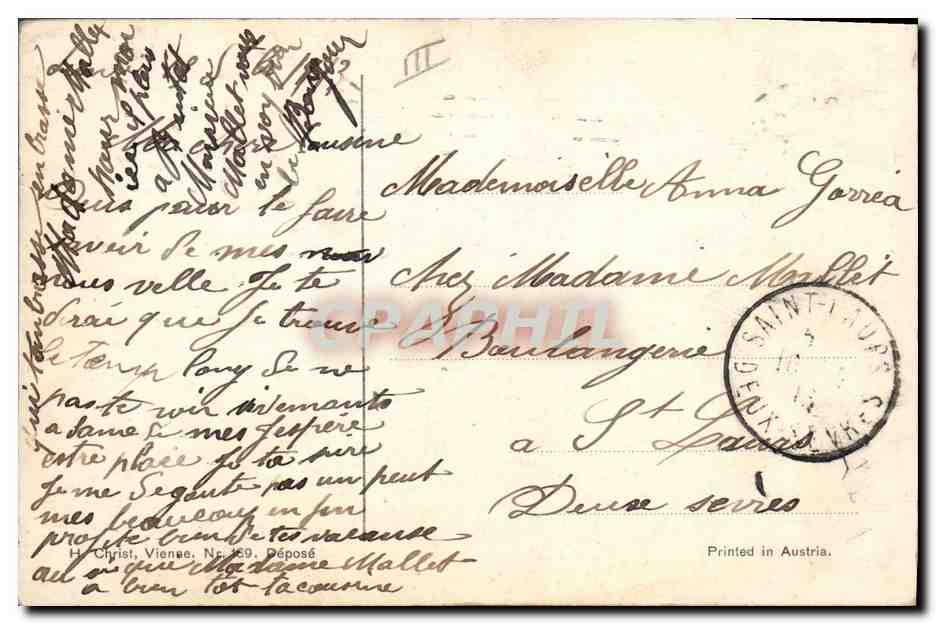 Jeune femme en chapeau violet — éditeur H. Christ, Vienne, N° 169 — timbre 10c rouge — Reverso