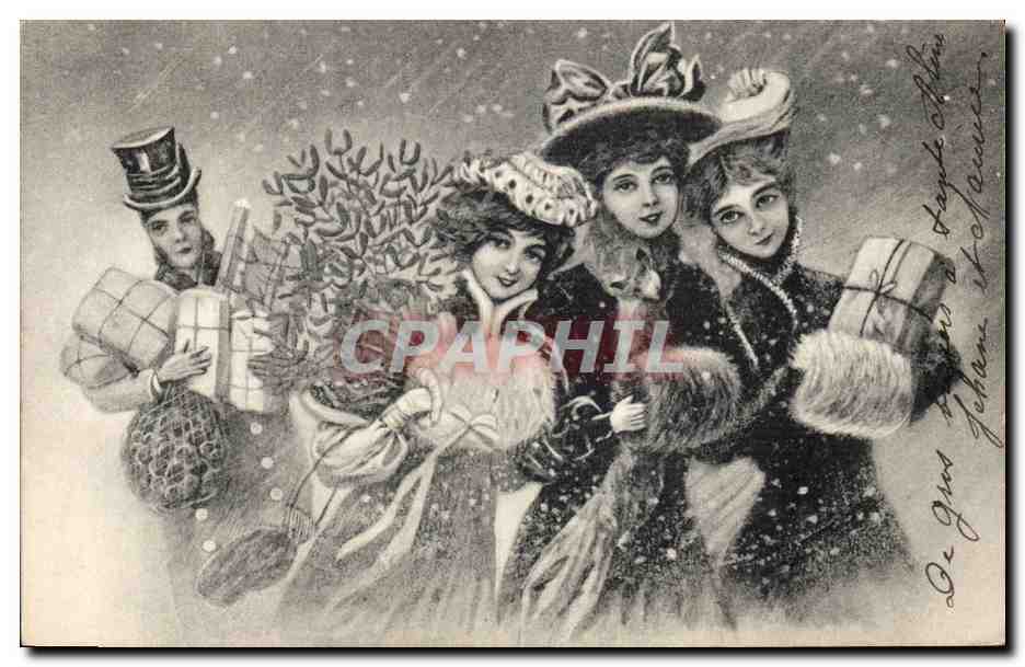 Fête de Noël — trois jeunes femmes et un homme en costume de Noël — éditeur non visible