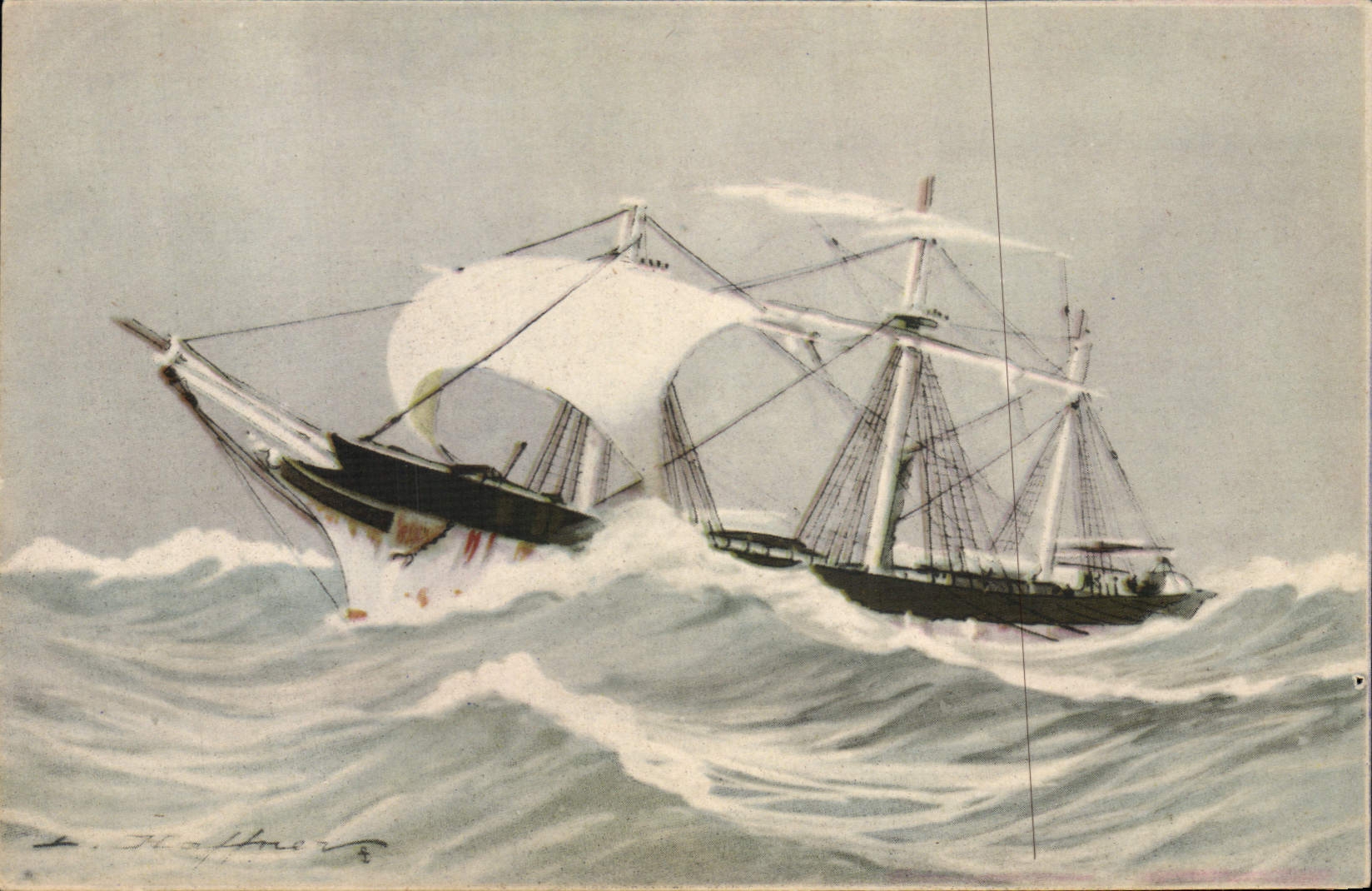 Navire en fuite — ouragan — Ligue Maritime et Coloniale, Paris