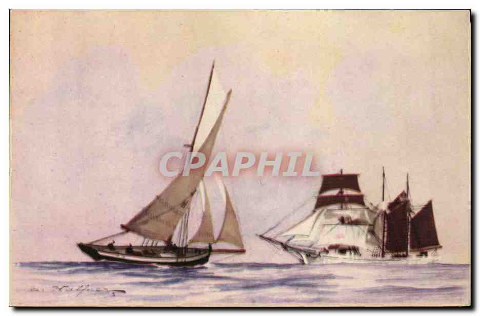 Pilote et Trois Mâts Goélette — Arrivé près de terre, le navire achève sa navigation vers le port sous la conduite du pilote qui vient le chercher à bord de son côtre — Ligue Maritime et Coloniale, Paris