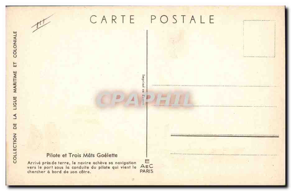 Pilota e Goletta a Tre Alberi — Collezione della Lega Marittima e Coloniale — Tipografia AEC Parigi — Verso