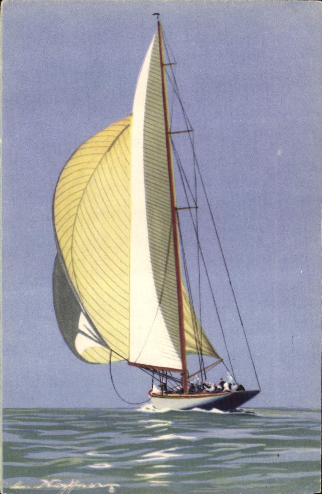 Yacht de la grande classe courant vent arrière avec son spinnaker — Collection de la Ligue Maritime — Imprimerie E.A.E.C. Paris