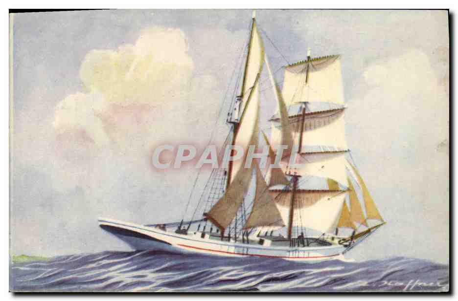 Brick goélette — Modification au gréement du brick. Le brick goélette n'a plus de voiles carrées qu'au mât de misaine. Navires de petit tonnage, les derniers naviguent encore en Méditerranée, au cabotage international. — Éditeur AEC PARIS