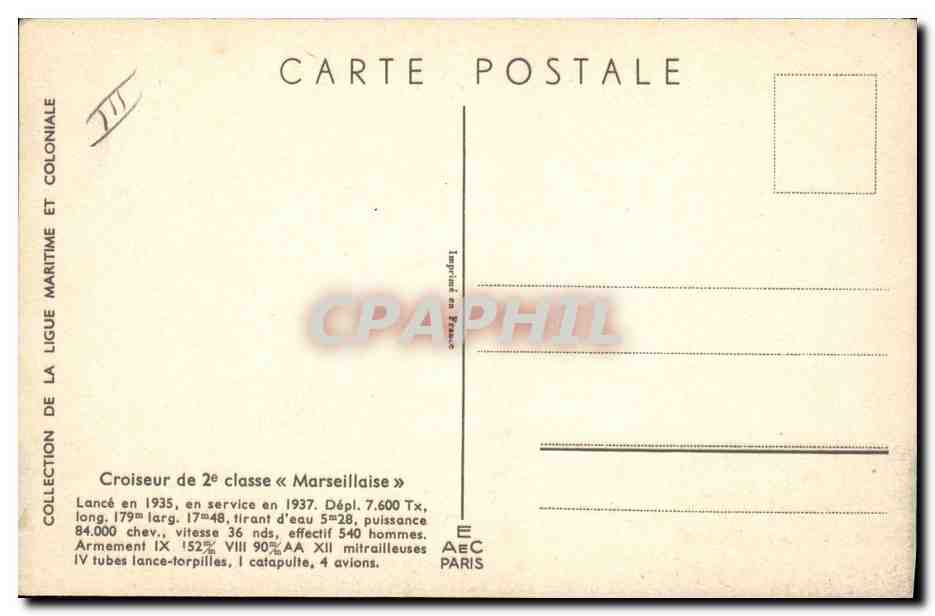 Croiseur de 2e classe « Marseillaise » — Collection de la Ligue Maritime et Coloniale — éditeur AEC Paris — Verso