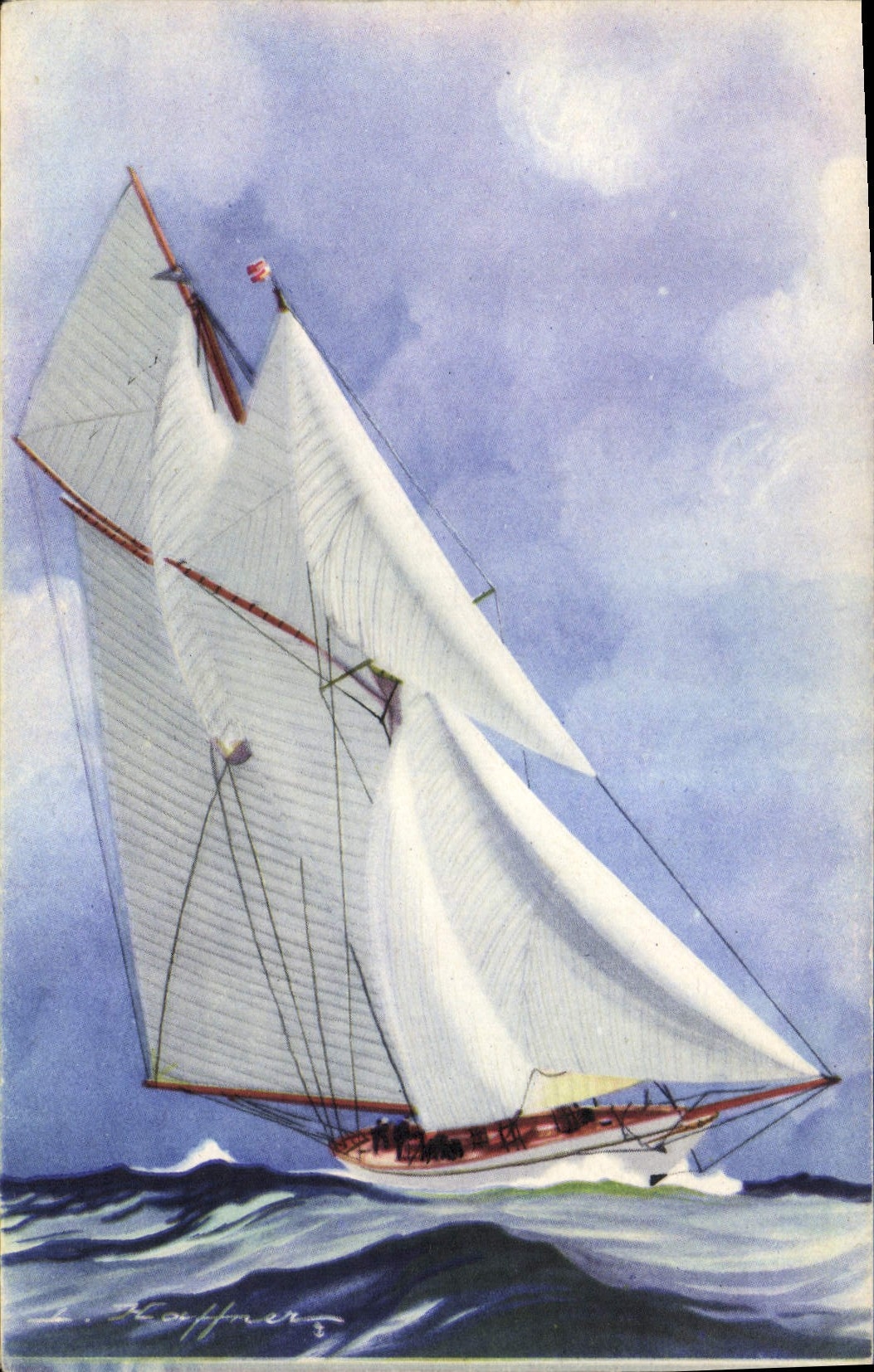 Goélette latine de la grande classe courant "largue" au vent de travers — L. Koffner — Collection de la Ligue Maritime et Coloniale
