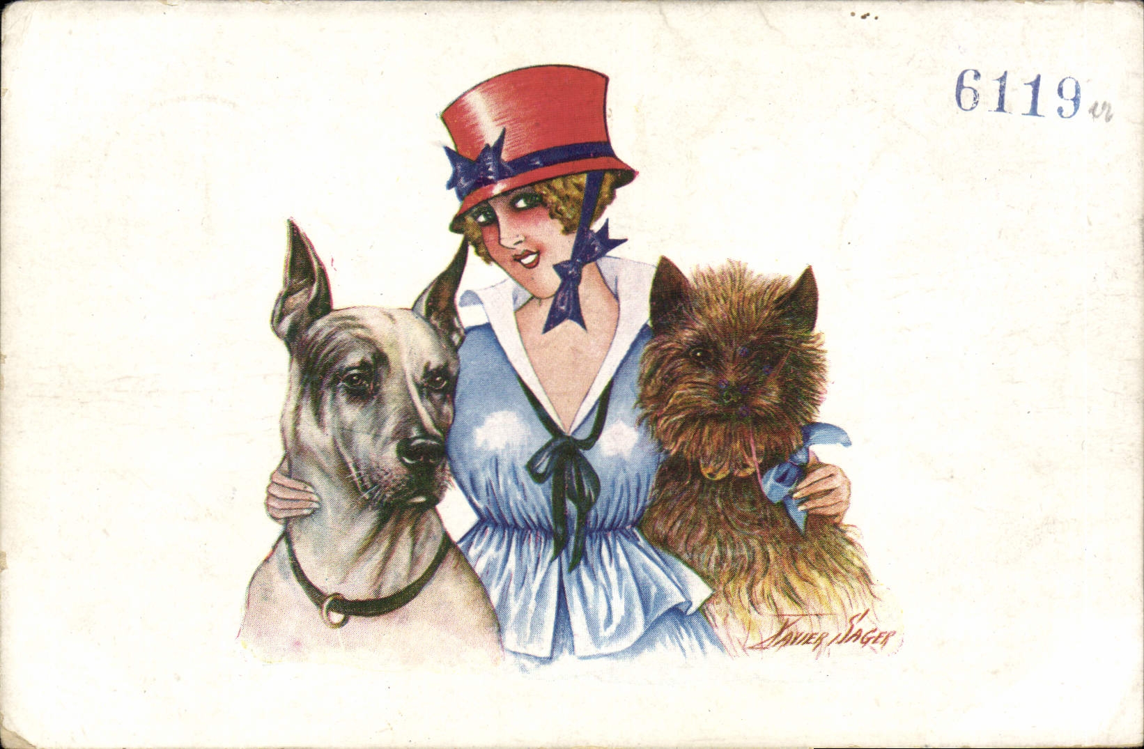 CPA Bateau Illustrateur Xavier Sager Femme Chien Chiens