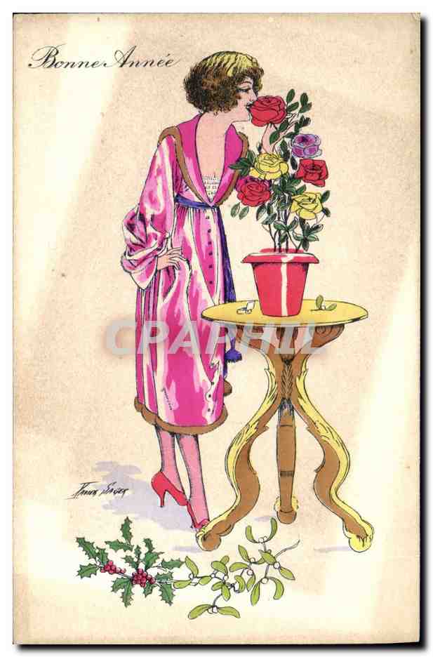 CPA Bateau Illustrateur Xavier Sager Femme Bonne annee