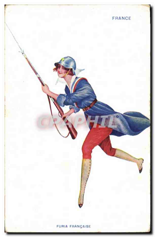 CPA Bateau Illustrateur Xavier Sager Femme Furia Francaise France Militaria