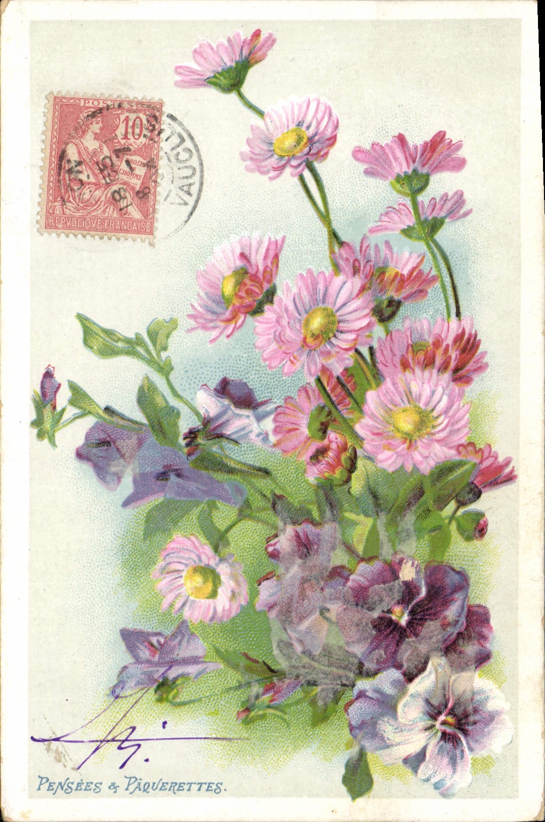 CPA Fantaisie Fleurs Pensees et paquerettes