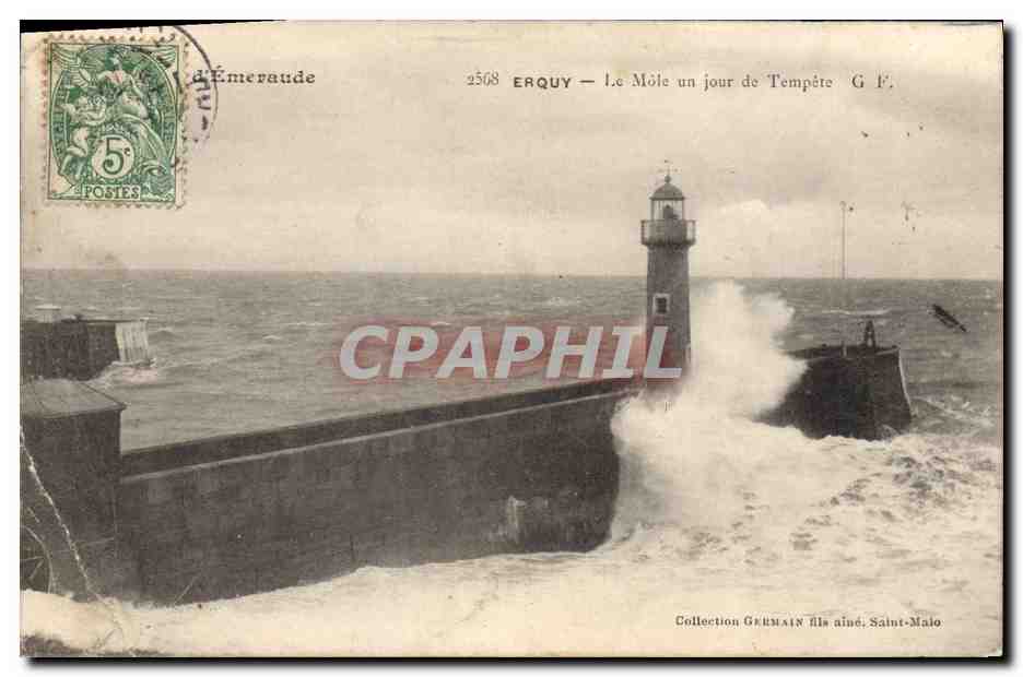 CPA Phare Erquy Le Mole un jour de tempete