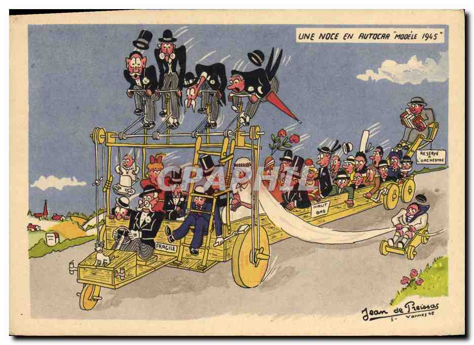Une noce en autocar modèle 1945 — caricature — Jean de Preissas, Vannes 1945