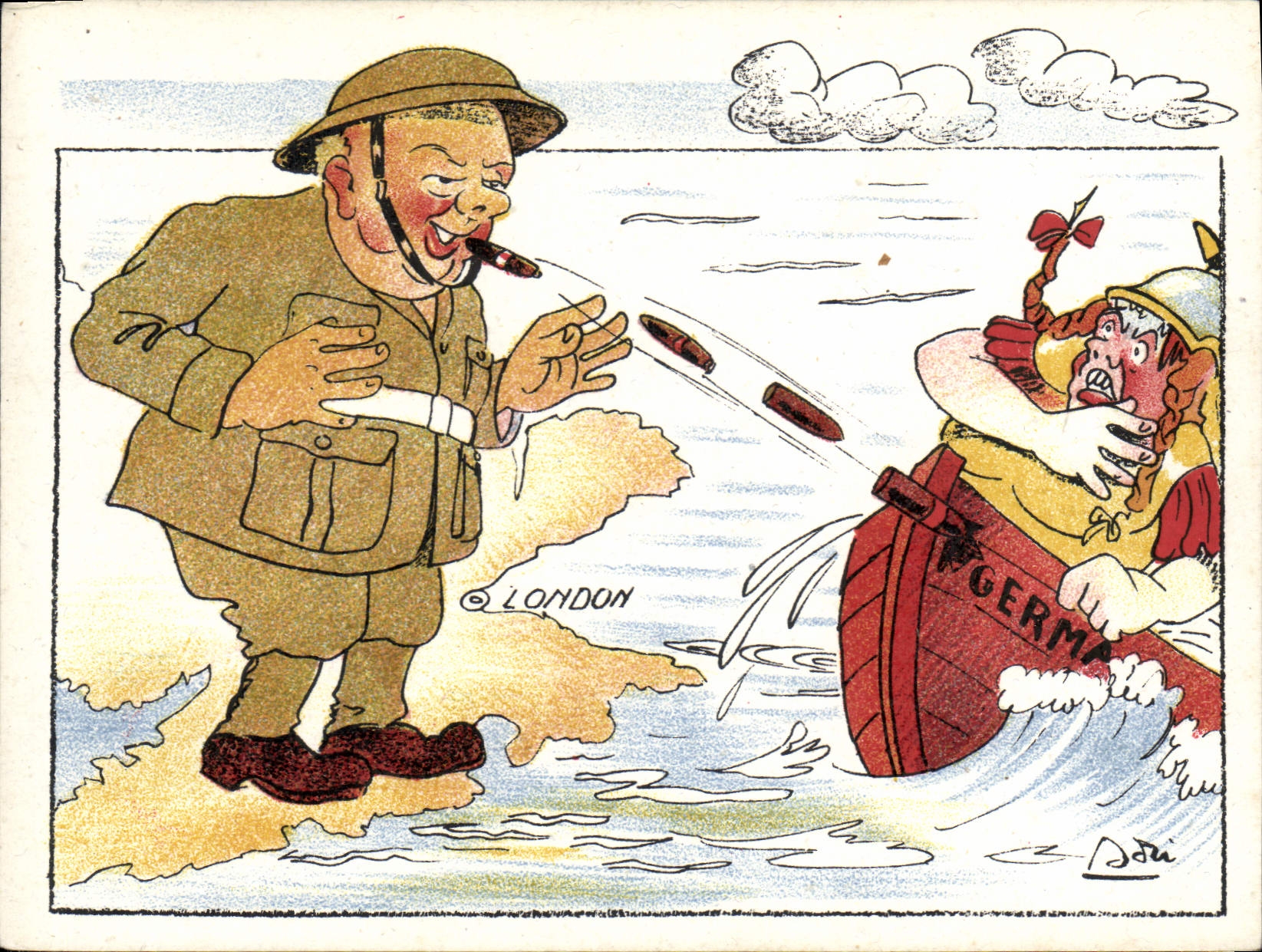 Soldat britannique fumant un cigare — caricature anti-allemande — signée Dodu