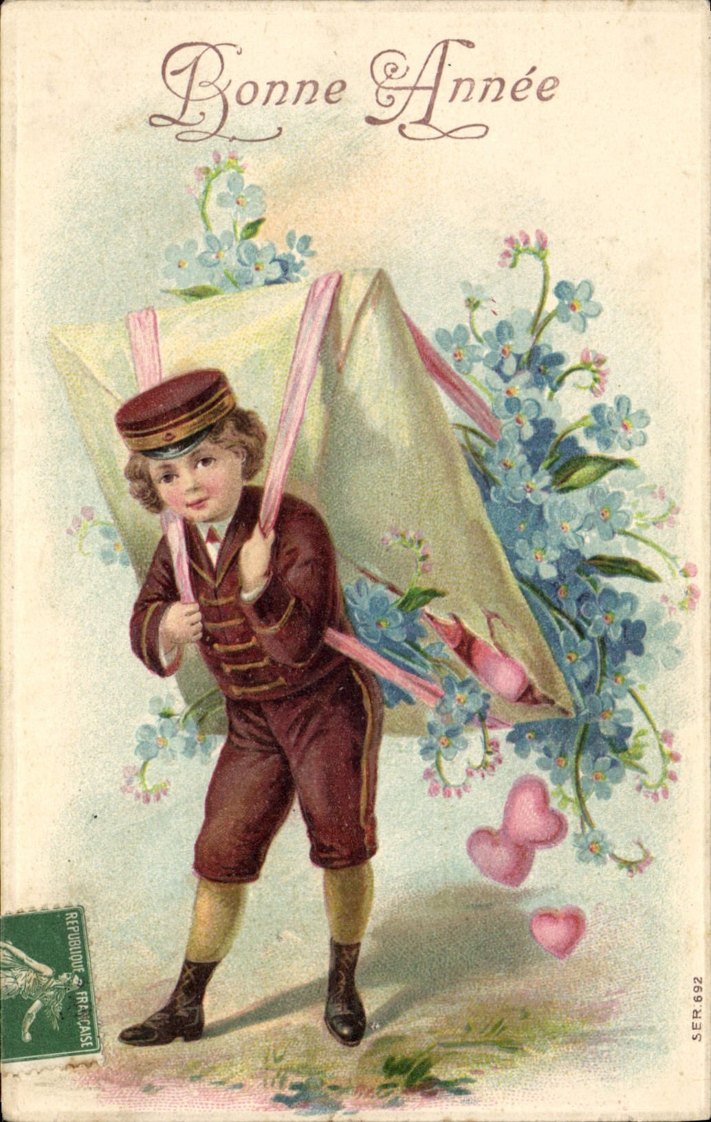 Niño que lleva una carta — Feliz Año — República Francesa, serie 692