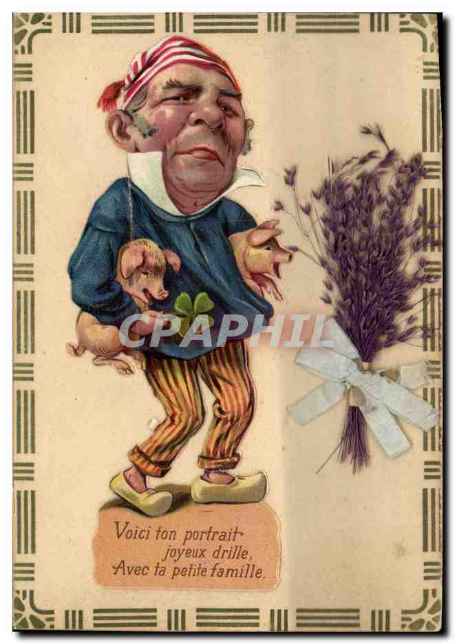 Caricature d'un homme avec deux cochons — Voici ton portrait joyeux drille, Avec ta petite famille — éditeur non visible
