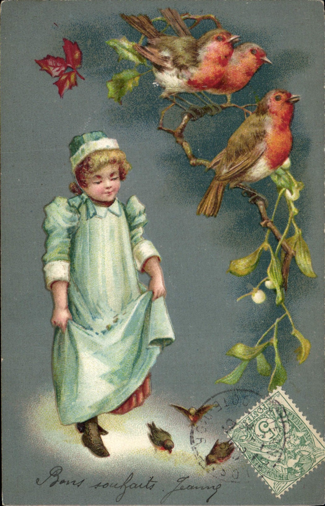 CPA Fantaisie Fleurs Enfant Oiseaux 