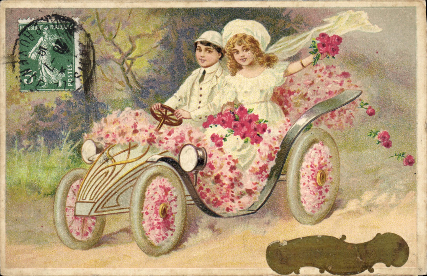 Jeune couple dans une voiture décorée de fleurs — K.F. éditeurs, Paris, Série 3119
