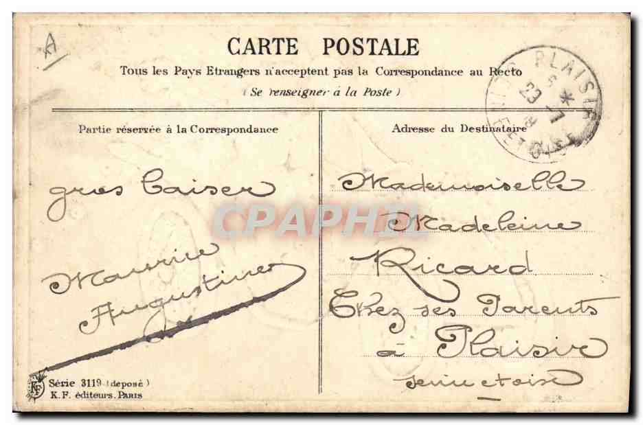 Jeune couple dans une voiture décorée de fleurs — K.F. éditeurs, Paris, Série 3119 — Verso