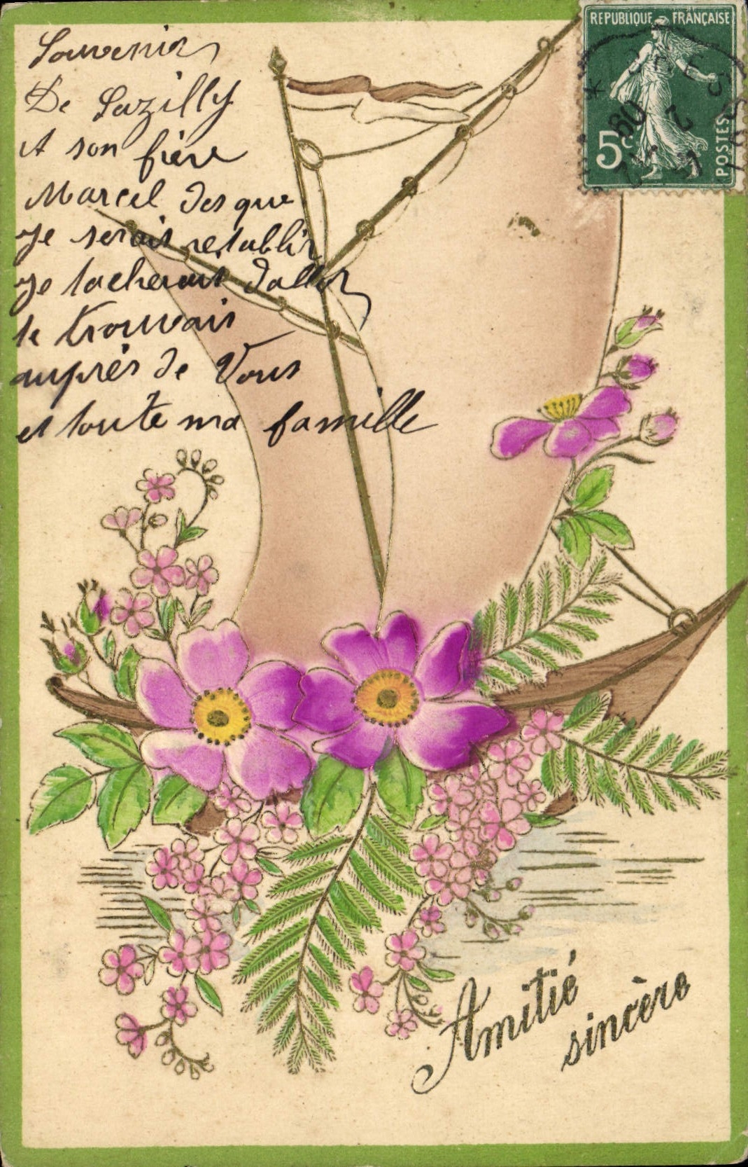 CPA Fantaisie Fleurs Bateau Voilier 